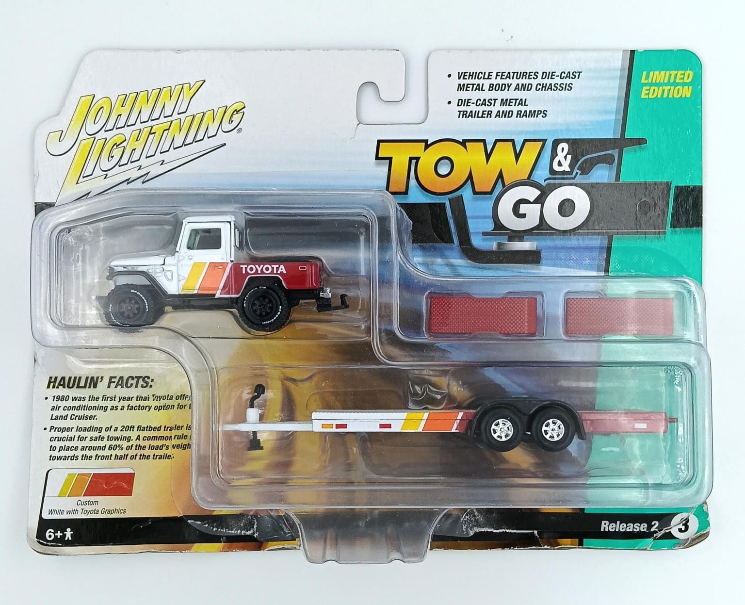 JOHNNY LIGHTING 1980 TOYOTA LAND CRUISER WITH OPEN CAR TRAILER - Image 1