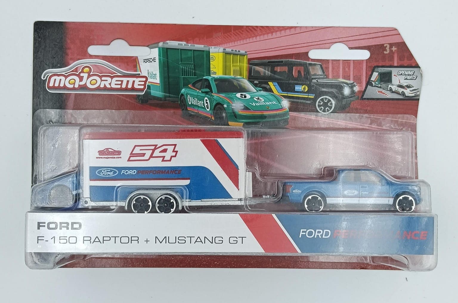 MAJORETTE FORD F-150 RAPTOR + MUSTANG GT RACE TRAILER - Image 1